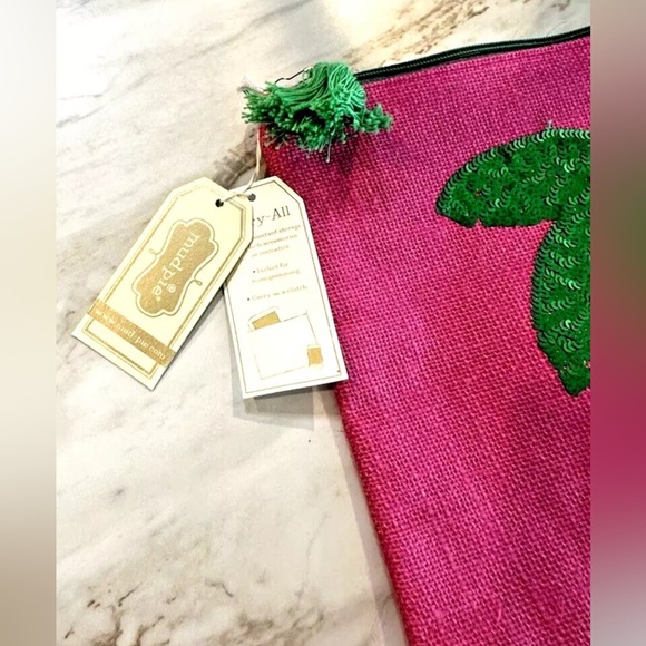 Mud Pie Women’s Fashion Maya Bay Dazzle Jute Pink Carry-All Case (Palm Tree) - Picture 3 of 6